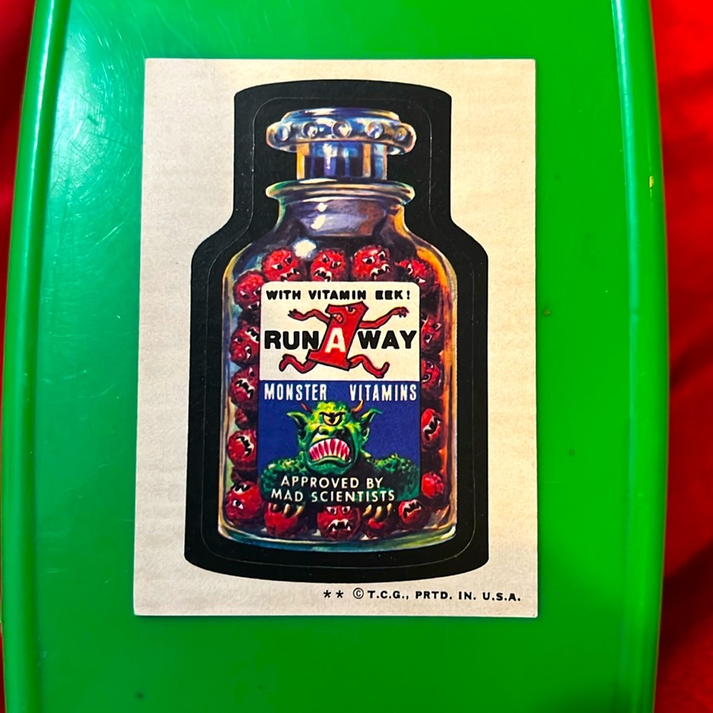 1974 TOPPS WACKY PACKAGES 6TH SERIES  RUN A WAY MONSTER VITAMINS STICKERS 👹